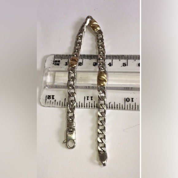 Real 925 Sterling Silver & Solid 750 18K (not 14K ) Yellow Gold Unisex Bracelet - Picture 3 of 10